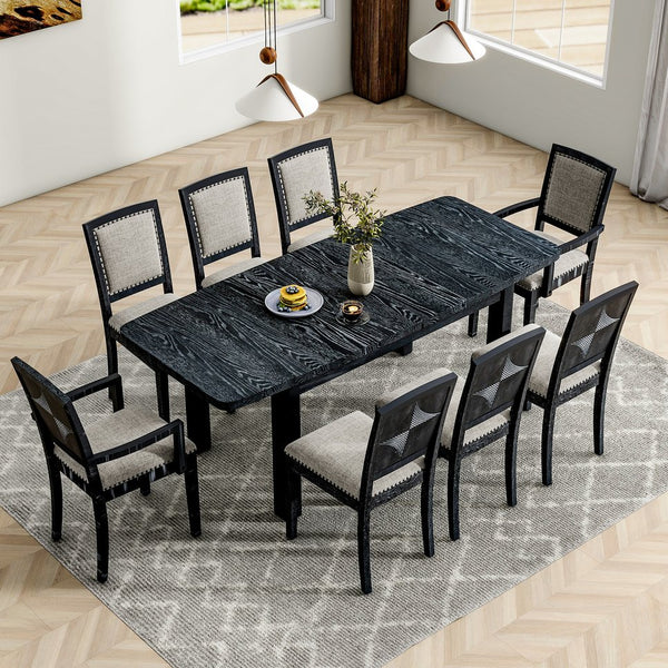 English Elm TOPMAX Rustic Extendable Dining Set with 84" Table and 24" Leaf, 9-Piece Wood Frame, Upholstered Chairs Black+ Gray SP000038AAB