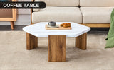 English Elm Modern Practical Mdf Coffee Table With White Tabletop and Wooden Toned Legs. Suitable For Living Rooms and Guest Rooms.