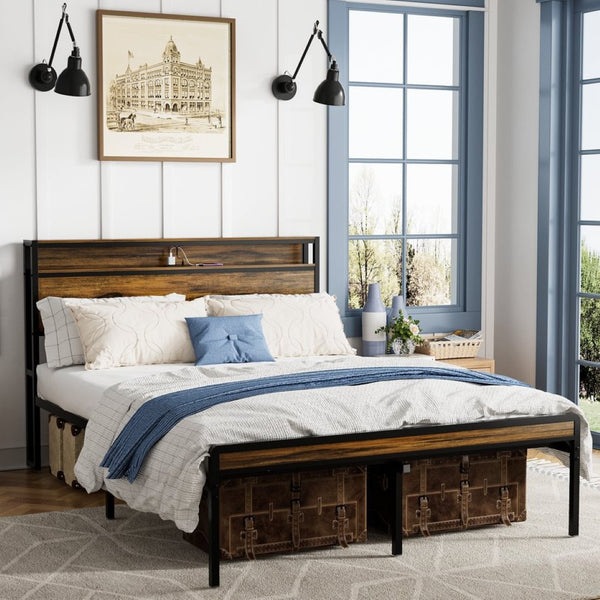 English Elm Queen Industrial Bed Frame with Led Headboard Shelf Charging Ports and Metal Slat Base W1903P151337