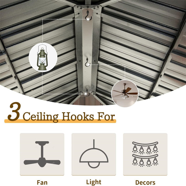 English Elm 10' Hardtop Gazebo Pavilion with Double Roof, Aluminum & Galvanized Steel, Curtains & Netting for Outdoor Living Gray W1859S00051