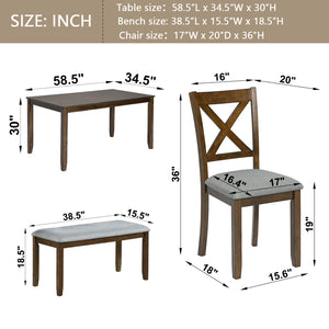 English Elm 6 Piece Kitchen Dining Set - Modern Walnut Table With 4 Upholstered Chairs & Bench For 6 People W1998S00008