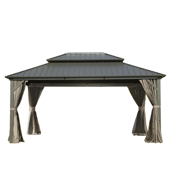 English Elm 10' Hardtop Gazebo Pavilion with Double Roof, Aluminum & Galvanized Steel, Curtains & Netting for Outdoor Living Gray W1859S00051