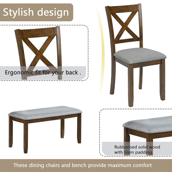 English Elm 6 Piece Kitchen Dining Set - Modern Walnut Table With 4 Upholstered Chairs & Bench For 6 People W1998S00008