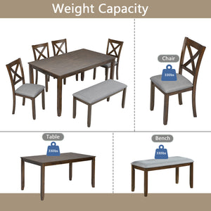 English Elm 6 Piece Kitchen Dining Set - Modern Walnut Table With 4 Upholstered Chairs & Bench For 6 People W1998S00008