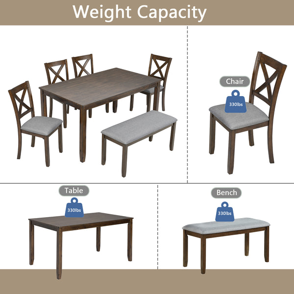 English Elm 6 Piece Kitchen Dining Set - Modern Walnut Table With 4 Upholstered Chairs & Bench For 6 People W1998S00008