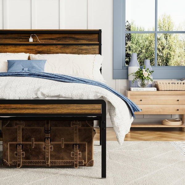 English Elm Queen Industrial Bed Frame with Led Headboard Shelf Charging Ports and Metal Slat Base W1903P151337