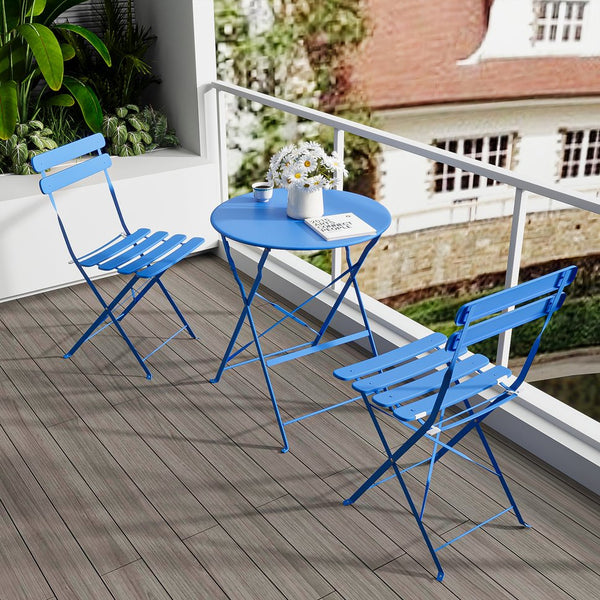 English Elm 3 Pieces Patio Bistro Metal Chair Table Set Compact Folding Balcony Ensemble with Sturdy Comfort - Space-Saving Stylish Design Blue W400128198