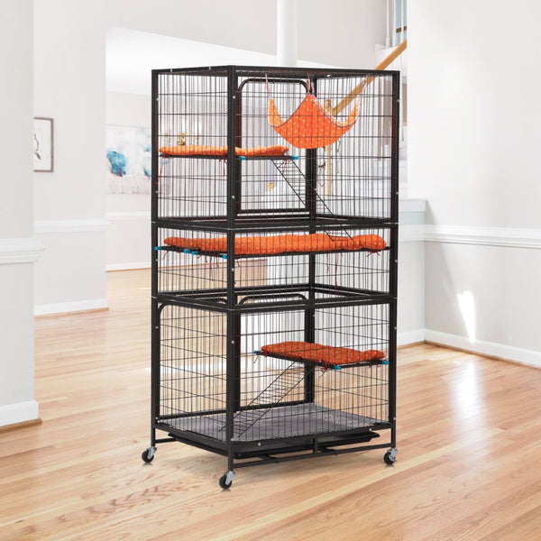 English Elm 4-story Pet Hutch Cage Iron Wire Multi-level Habitat with Ramps Lockable Wheels W2181P153020