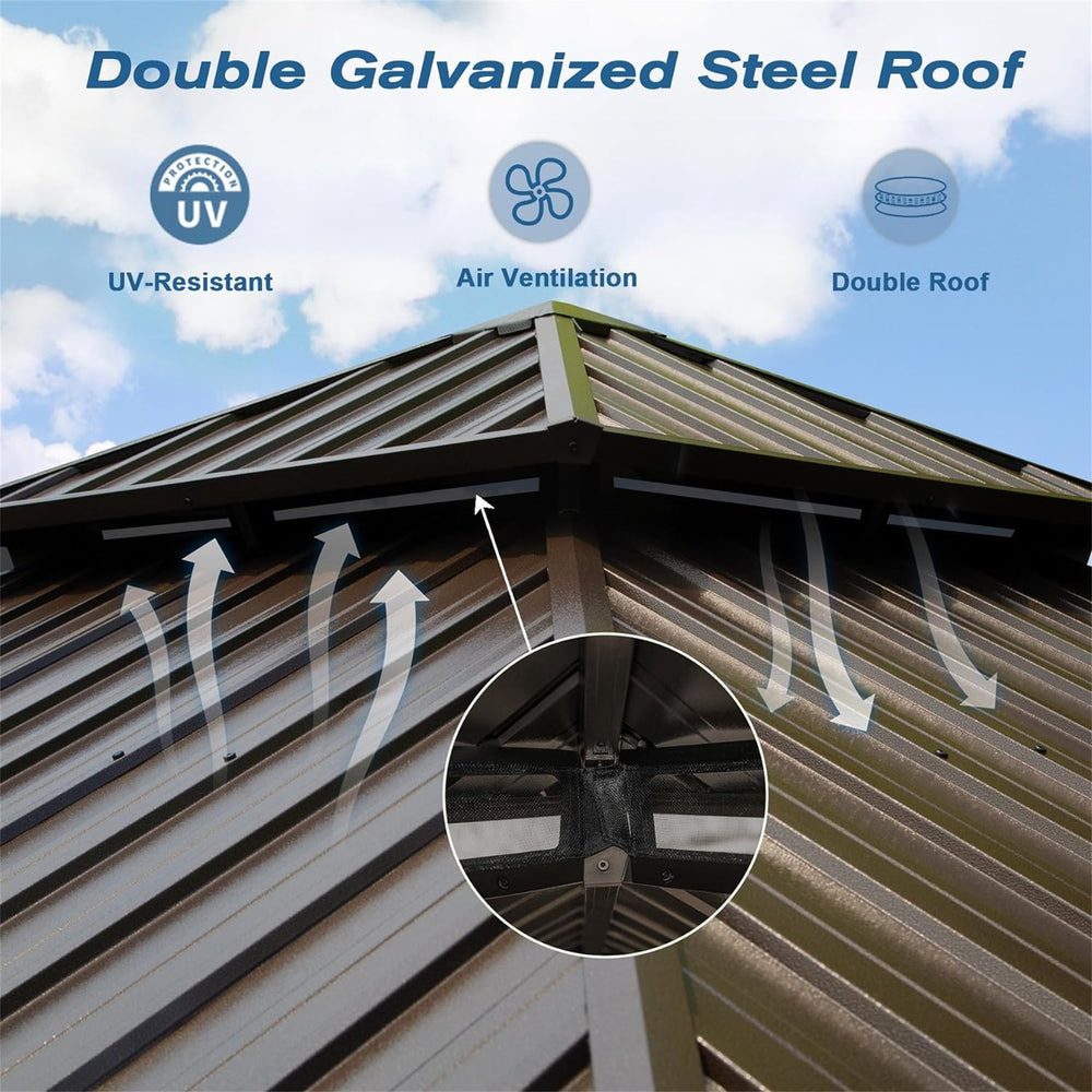 English Elm 10' Hardtop Gazebo Pavilion with Double Roof, Aluminum & Galvanized Steel, Curtains & Netting for Outdoor Living Brown W1859S00052