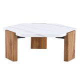 English Elm Modern Practical Mdf Coffee Table With White Tabletop and Wooden Toned Legs. Suitable For Living Rooms and Guest Rooms.