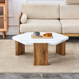 English Elm Modern Practical Mdf Coffee Table With White Tabletop and Wooden Toned Legs. Suitable For Living Rooms and Guest Rooms.