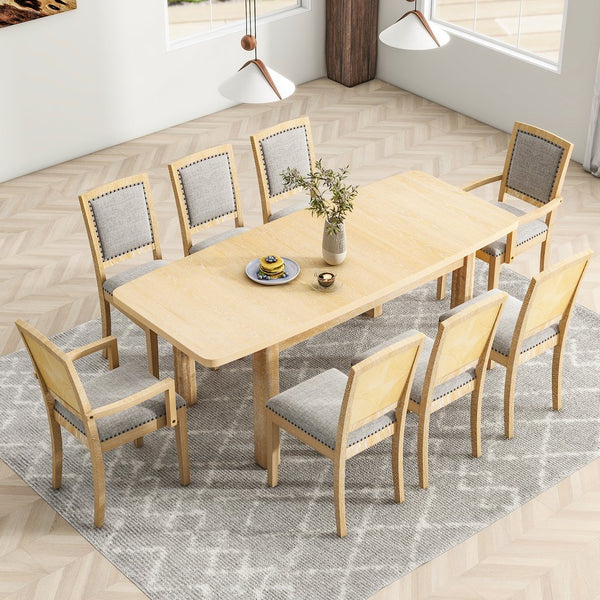English Elm TOPMAX Rustic Extendable Dining Set with 84" Table and 24" Leaf, 9-Piece Wood Frame, Upholstered Chairs Natural+Grey SP000038AAD