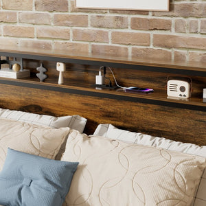 English Elm Queen Industrial Bed Frame with Led Headboard Shelf Charging Ports and Metal Slat Base W1903P151337