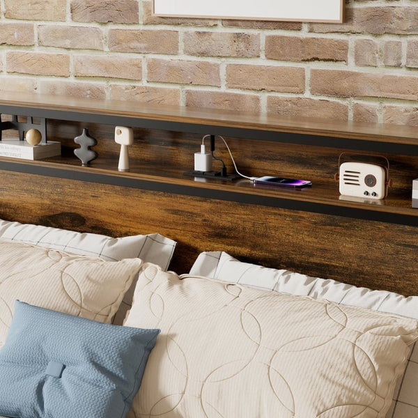 English Elm Queen Industrial Bed Frame with Led Headboard Shelf Charging Ports and Metal Slat Base W1903P151337