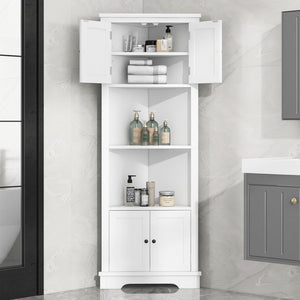 English Elm Tall Bathroom Storage Cabinet, Corner Cabinet With Doors and Adjustable Shelf, Mdf Board, White