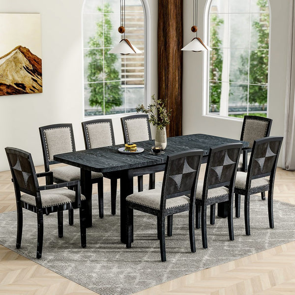English Elm TOPMAX Rustic Extendable Dining Set with 84" Table and 24" Leaf, 9-Piece Wood Frame, Upholstered Chairs Black+ Gray SP000038AAB