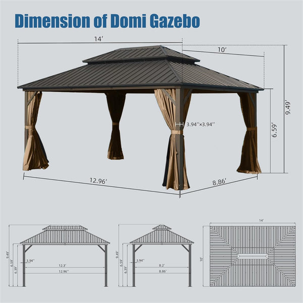 English Elm 10' Hardtop Gazebo Pavilion with Double Roof, Aluminum & Galvanized Steel, Curtains & Netting for Outdoor Living Brown W1859S00052