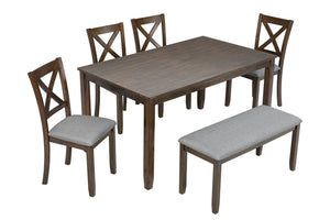 English Elm 6 Piece Kitchen Dining Set - Modern Walnut Table With 4 Upholstered Chairs & Bench For 6 People W1998S00008