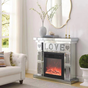 English Elm W Mirrored Acrylic Electric Fireplace Console with Crystal Accents and Led Flame W1005S00005