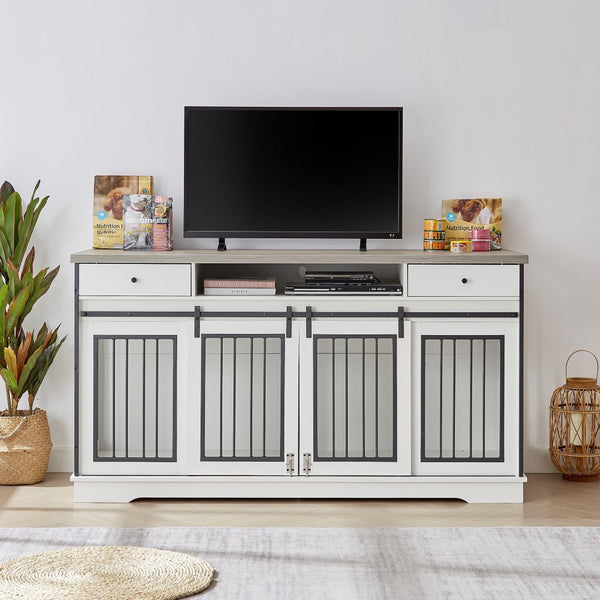 English Elm Super Sized Tv Stand Dog Crate Combo with Drawers Two Pet Spaces Living Room W1162P151258