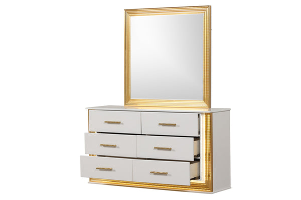 English Elm Obsession 6-Drawer Contemporary Dresser with LED Lights, Gold Wood Finish for Stylish Storage B009P152664