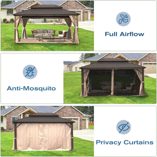 English Elm 12' Hardtop Gazebo Pavilion with Double Roof Ventilation, Aluminum & Galvanized Steel, Curtains Included Brown W1859S00058