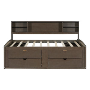 English Elm Full Size Wood Daybed with Storage Drawers Shelves and Cabinets for Guest Rooms Antique Brown LP000375AAD