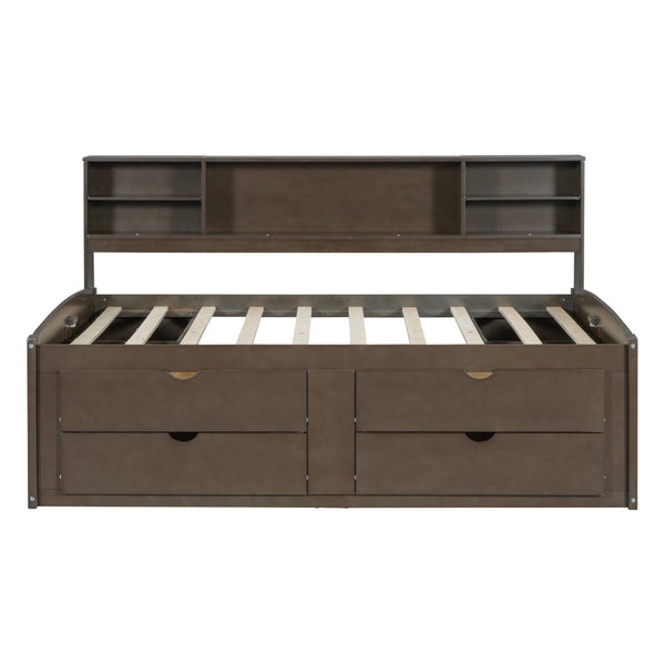 English Elm Full Size Wood Daybed with Storage Drawers Shelves and Cabinets for Guest Rooms Antique Brown LP000375AAD