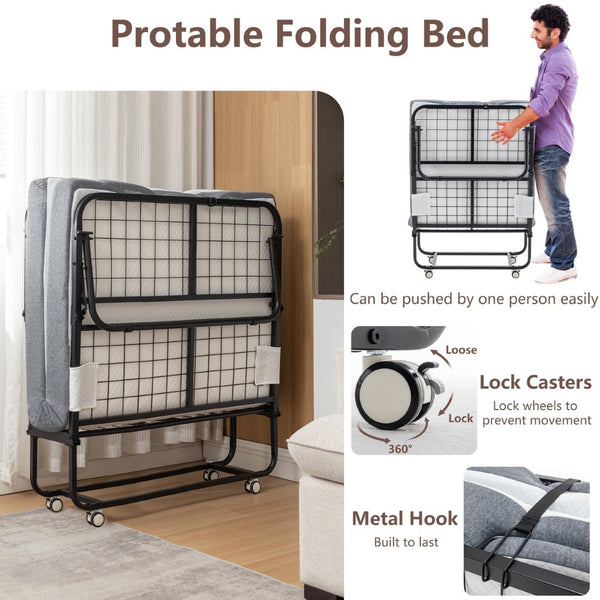 English Elm Folding Rollaway Guest Bed with Memory Foam Mattress Steel Frame and Storage Cover W1422140107