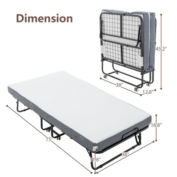 English Elm Folding Rollaway Guest Bed with Memory Foam Mattress Steel Frame and Storage Cover W1422140107
