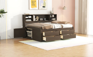 English Elm Full Size Wood Daybed with Storage Drawers Shelves and Cabinets for Guest Rooms Antique Brown LP000375AAD