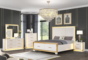 English Elm Obsession 5Pc King Bedroom Set With Gold Finish, Led Lighting & Elegant Storage Solutions For Modern Homes B009S02124