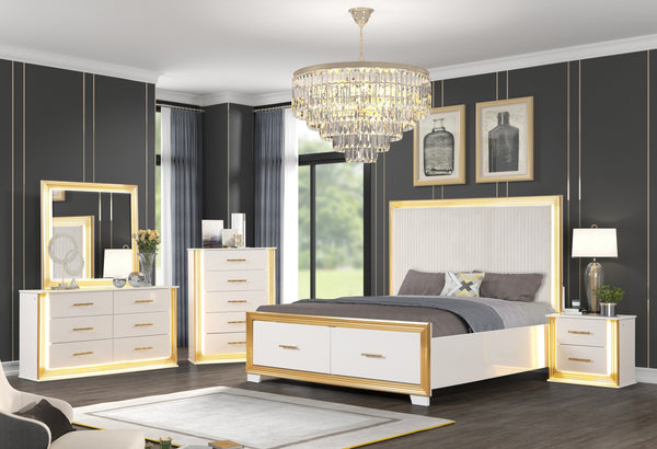 English Elm Obsession 5Pc King Bedroom Set With Gold Finish, Led Lighting & Elegant Storage Solutions For Modern Homes B009S02124