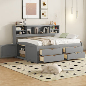 English Elm Full Size Wood Daybed with Storage Drawers Shelves and Cabinets for Guest Rooms Gray LP000375AAE