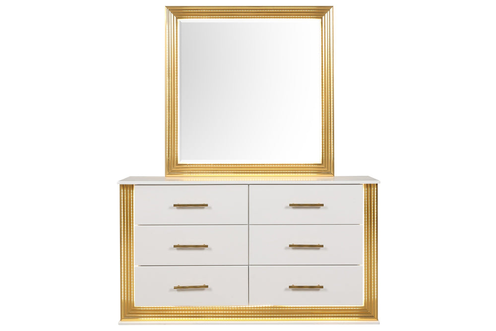 English Elm Obsession LED Square Wall Mirror White & Gold Finish, Wood Frame, Elegant Bedroom Accent with Glow B009P356302