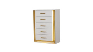 English Elm Obsession White & Gold 5-Drawer Chest with LED Lighting, Contemporary Solid/Manufactured Wood Storage Piece G150108855