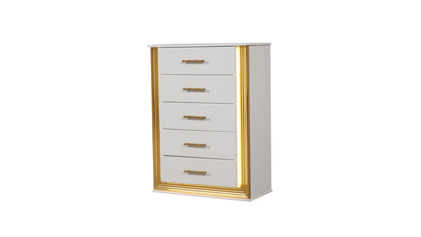 English Elm Obsession White & Gold 5-Drawer Chest with LED Lighting, Contemporary Solid/Manufactured Wood Storage Piece G150108855