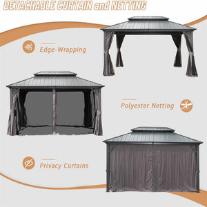 English Elm 12' Hardtop Gazebo Pavilion with Double Roof Ventilation, Aluminum & Galvanized Steel, Curtains Included Gray W1859S00057