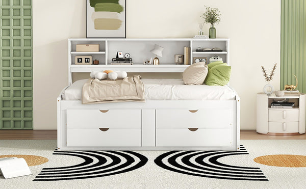 English Elm Full Size Wood Daybed with Storage Drawers Shelves and Cabinets for Guest Rooms White LP000375AAK