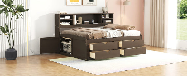 English Elm Full Size Wood Daybed with Storage Drawers Shelves and Cabinets for Guest Rooms Antique Brown LP000375AAD