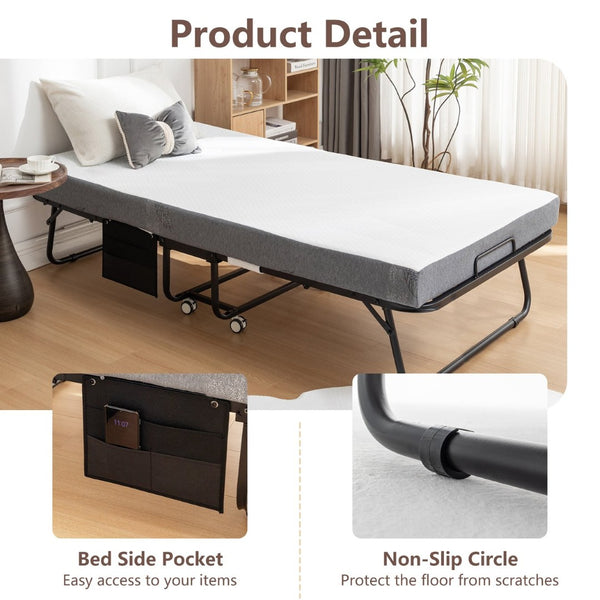 English Elm Folding Rollaway Guest Bed with Memory Foam Mattress Steel Frame and Storage Cover W1422140107