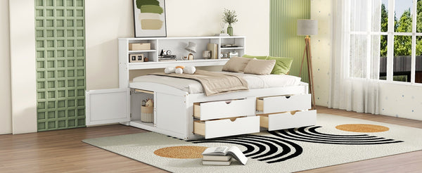 English Elm Full Size Wood Daybed with Storage Drawers Shelves and Cabinets for Guest Rooms White LP000375AAK