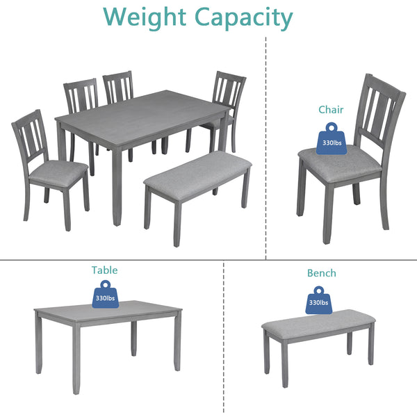English Elm 6 Piece Kitchen Dining Set - Modern Gray Rectangular Table With 4 Chairs & Versatile Bench For 6 W1998S00007