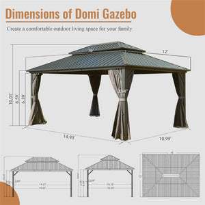 English Elm 12' Hardtop Gazebo Pavilion with Double Roof Ventilation, Aluminum & Galvanized Steel, Curtains Included Gray W1859S00057