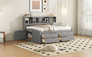 English Elm Full Size Wood Daybed with Storage Drawers Shelves and Cabinets for Guest Rooms Gray LP000375AAE