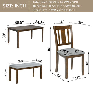 English Elm 6 Piece Walnut Dining Set - Modern Rectangular Table With Upholstered Chairs & Versatile Bench W1998S00011