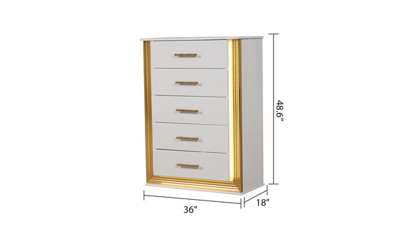 English Elm Obsession Contemporary 5-Drawer Chest White & Gold with LED Lighting, Solid+Manufactured Wood Chic Storage B009P152666