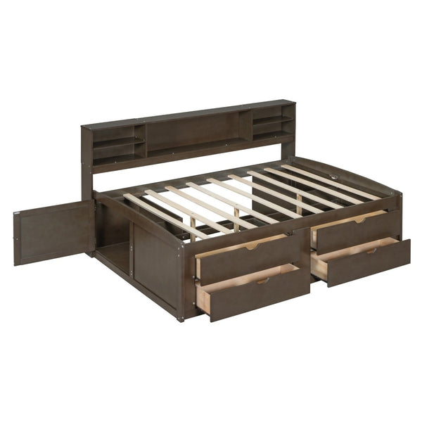 English Elm Full Size Wood Daybed with Storage Drawers Shelves and Cabinets for Guest Rooms Antique Brown LP000375AAD