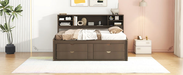 English Elm Full Size Wood Daybed with Storage Drawers Shelves and Cabinets for Guest Rooms Antique Brown LP000375AAD
