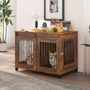 English Elm Sliding Sliding Door Dog Cage with Partition for Two Puppies Rustic Brown & Black, Dual-Furniture Crate 39.37" W sturdy tabletop storage, fits medium dogs up to 75 lb W1162103688